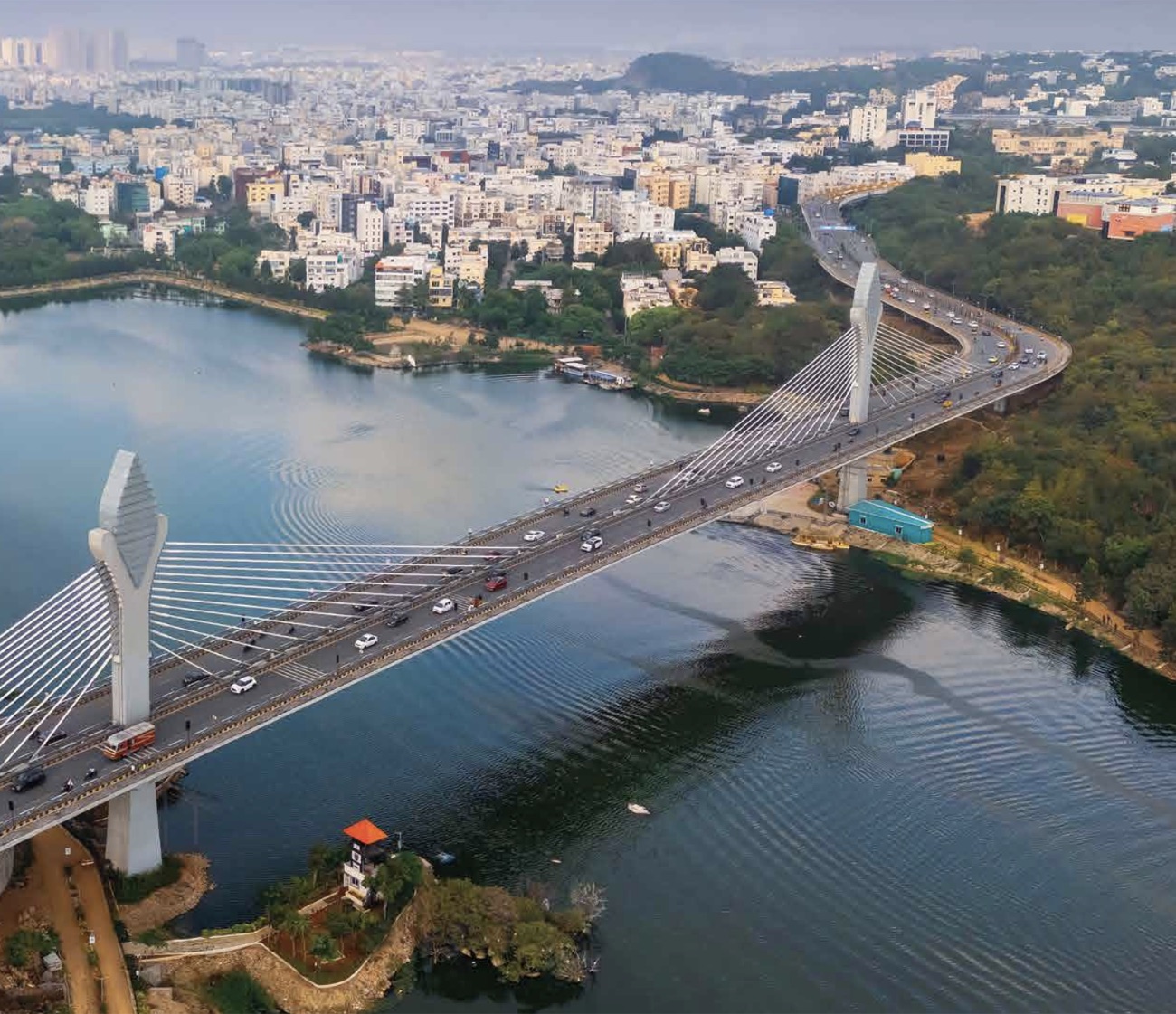 The Hyderabad skyline and Durgam Cheruvu cable bridge — REALOS's home market