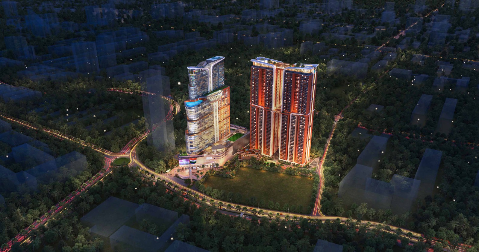 Imperial Residences at Brigade Gateway — the illuminated Neopolis township of sky towers, mall and hotel at Kokapet, Hyderabad (artist's impression)