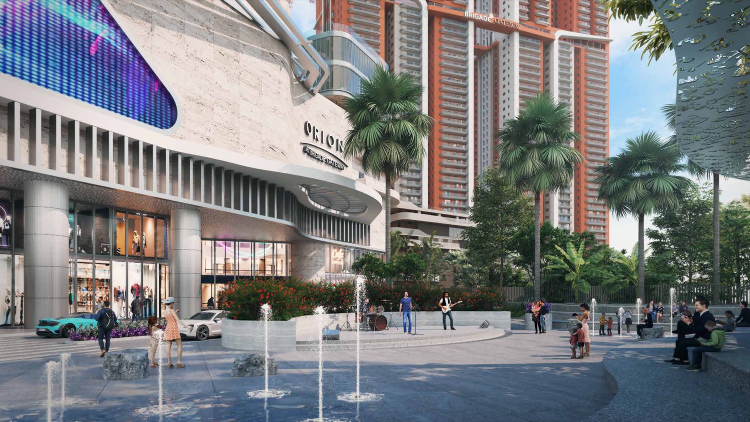 Orion Mall drop-off plaza with fountains and live performance (artist’s impression)
