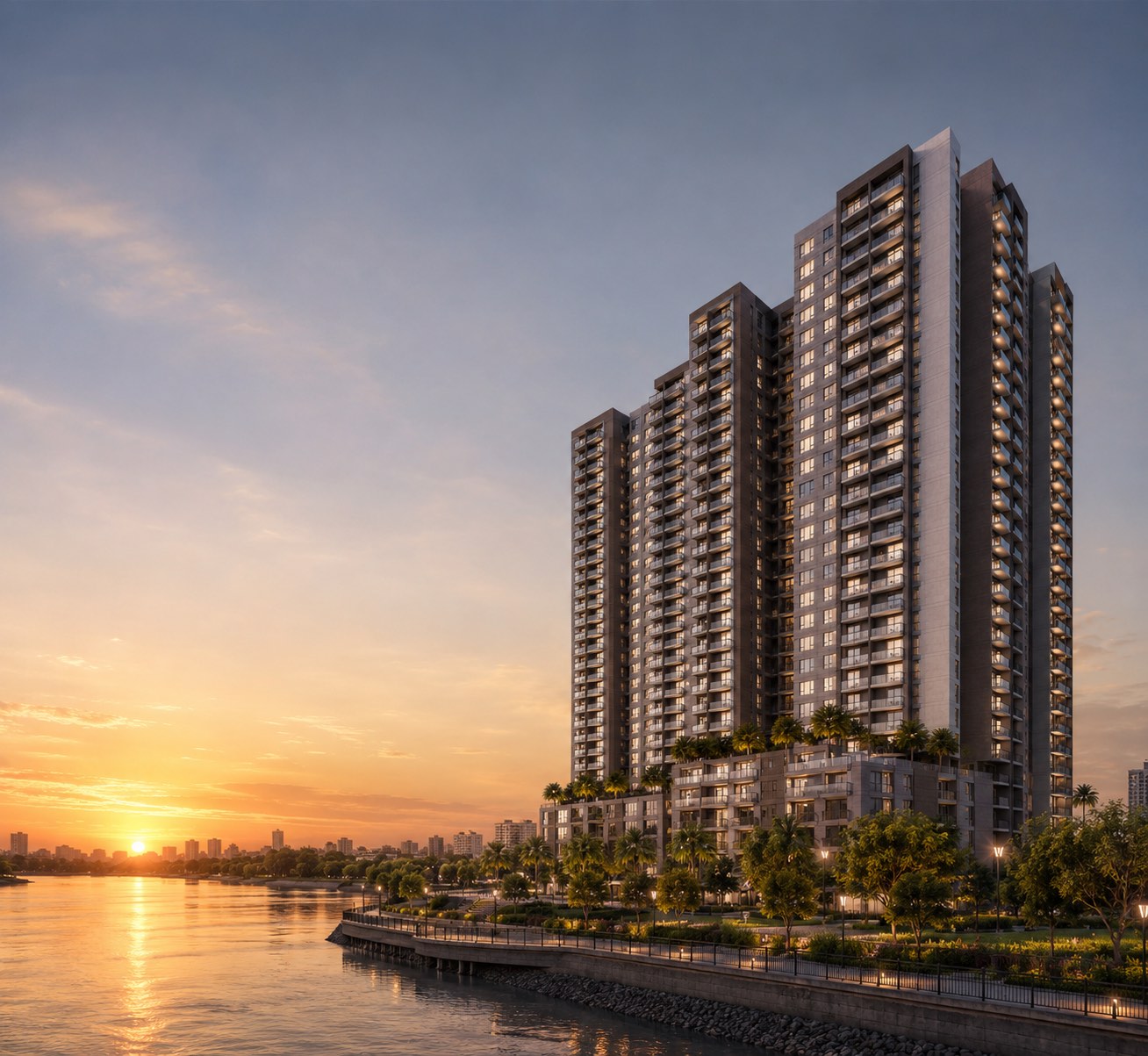 Godrej Brooklyn Avenue — riverside luxury towers at sunset