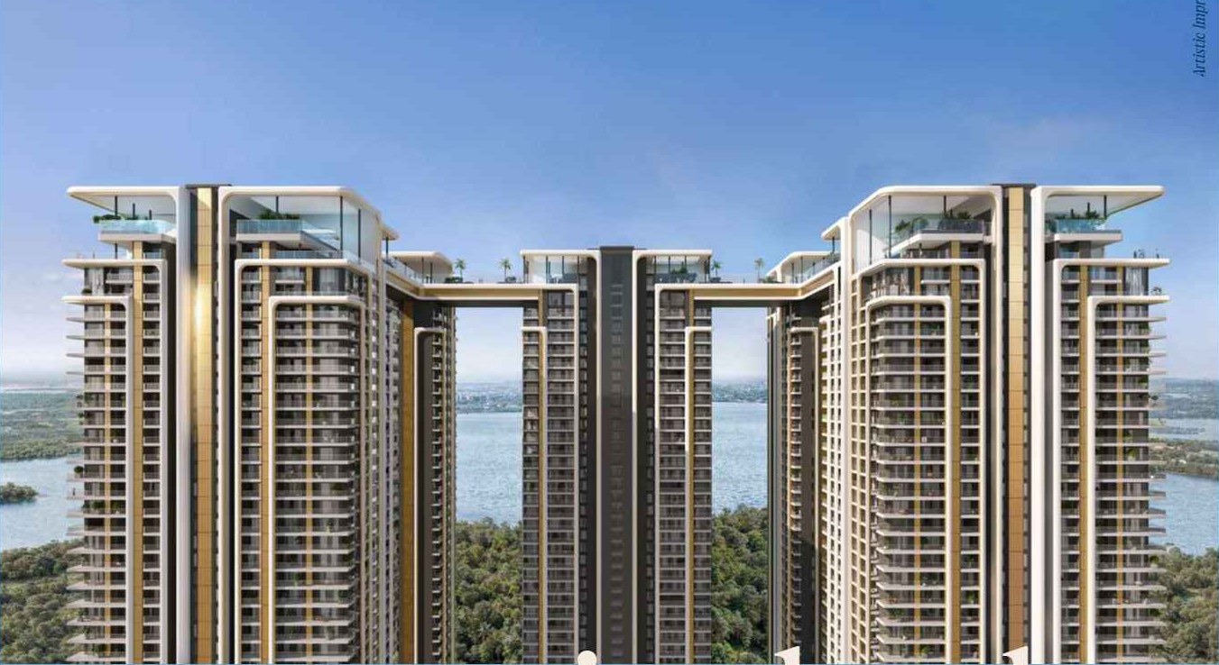 The Cascades Neopolis — five 63-floor towers linked by a sky bridge over Kokapet lake, Hyderabad (artist's impression)