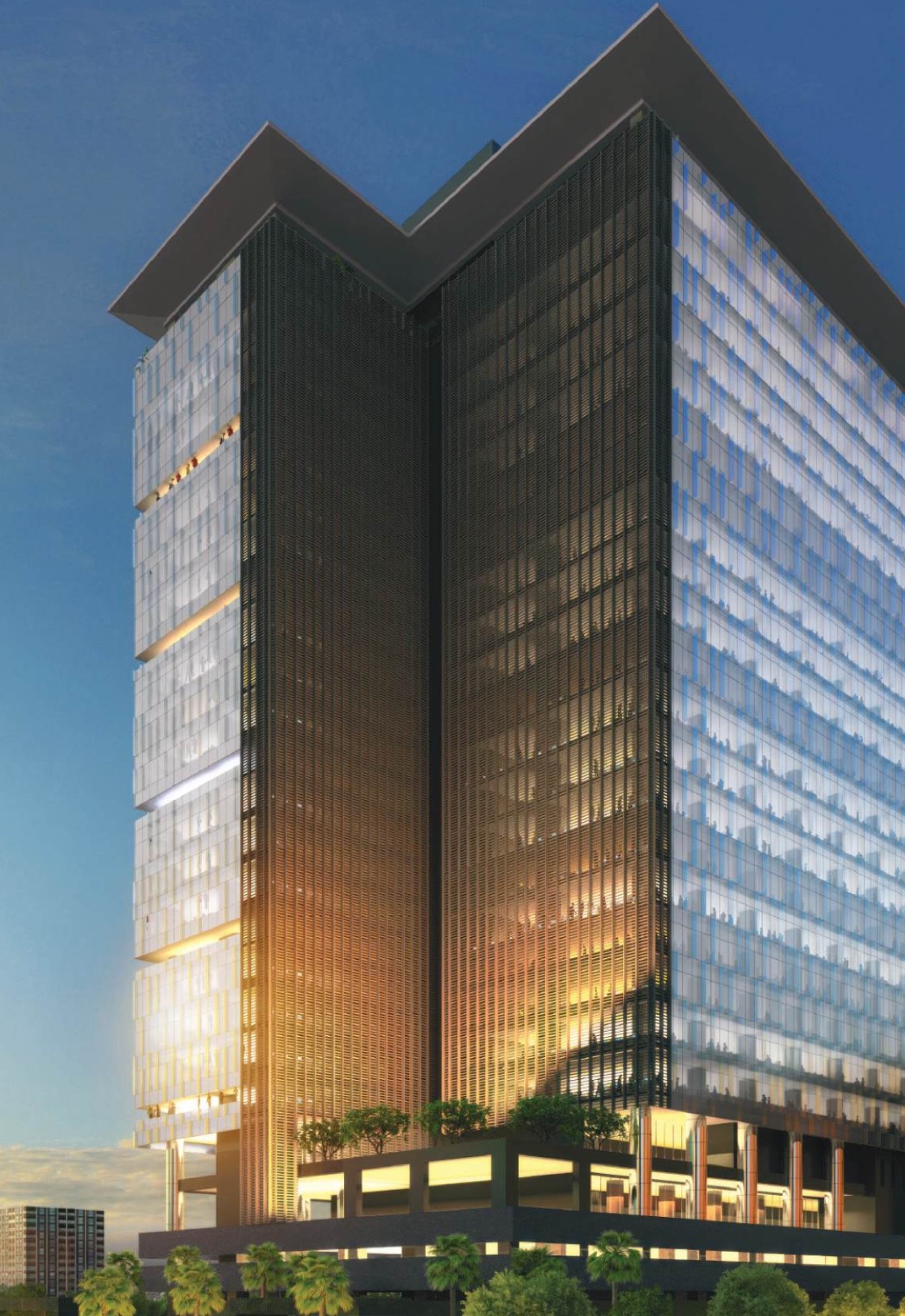 EON Hyderabad — dramatic corner view of the reflective double-glazed glass façade and fins