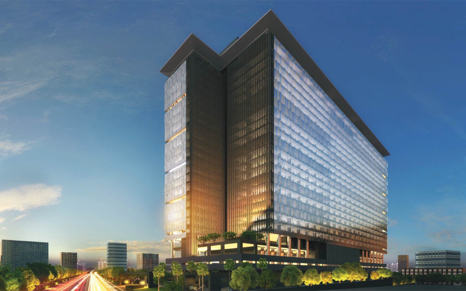 EON Hyderabad — a 2.45-million-sq-ft Grade-A commercial office tower at Nanakramguda, adjacent to the Financial District, shown at dusk (artist's impression)