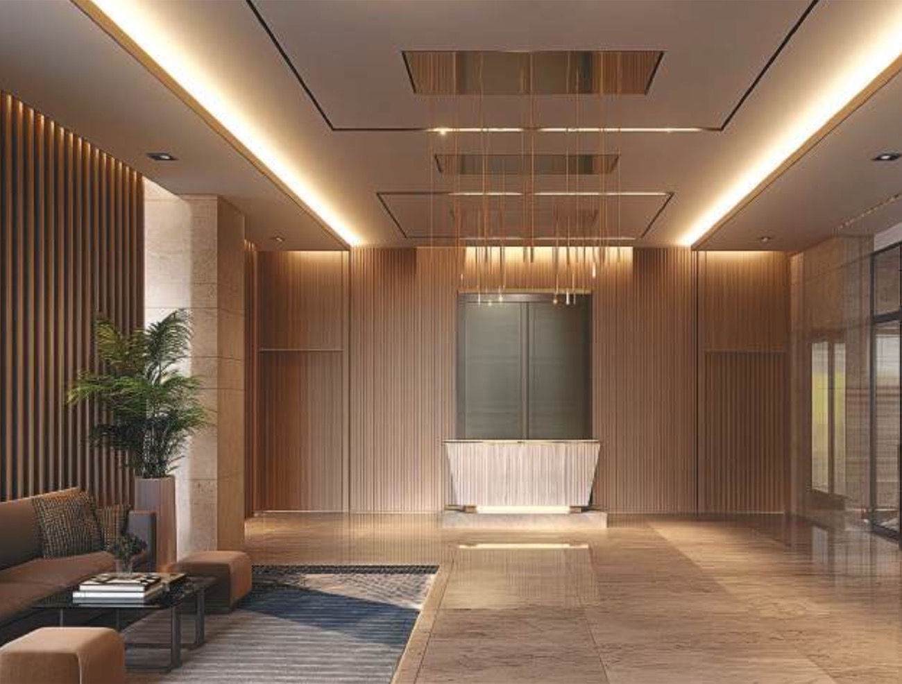EON Hyderabad — reception desk in the warm, wood-panelled office lobby