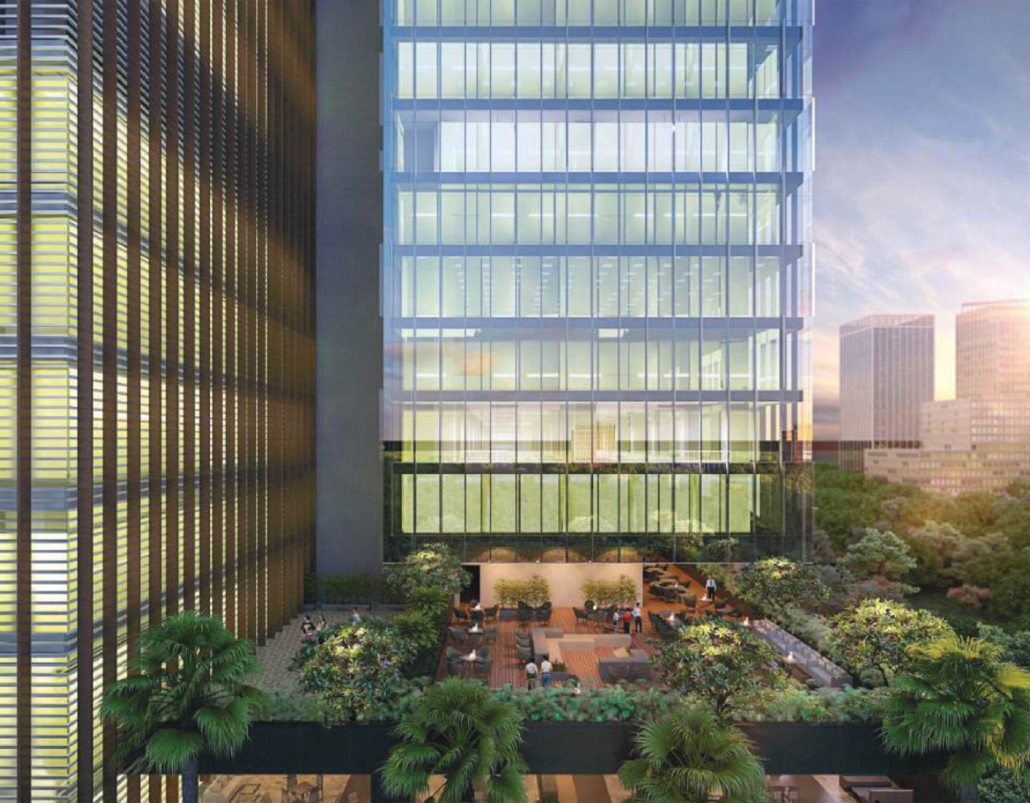 EON Hyderabad — landscaped podium sky-terrace lounge between the glass towers