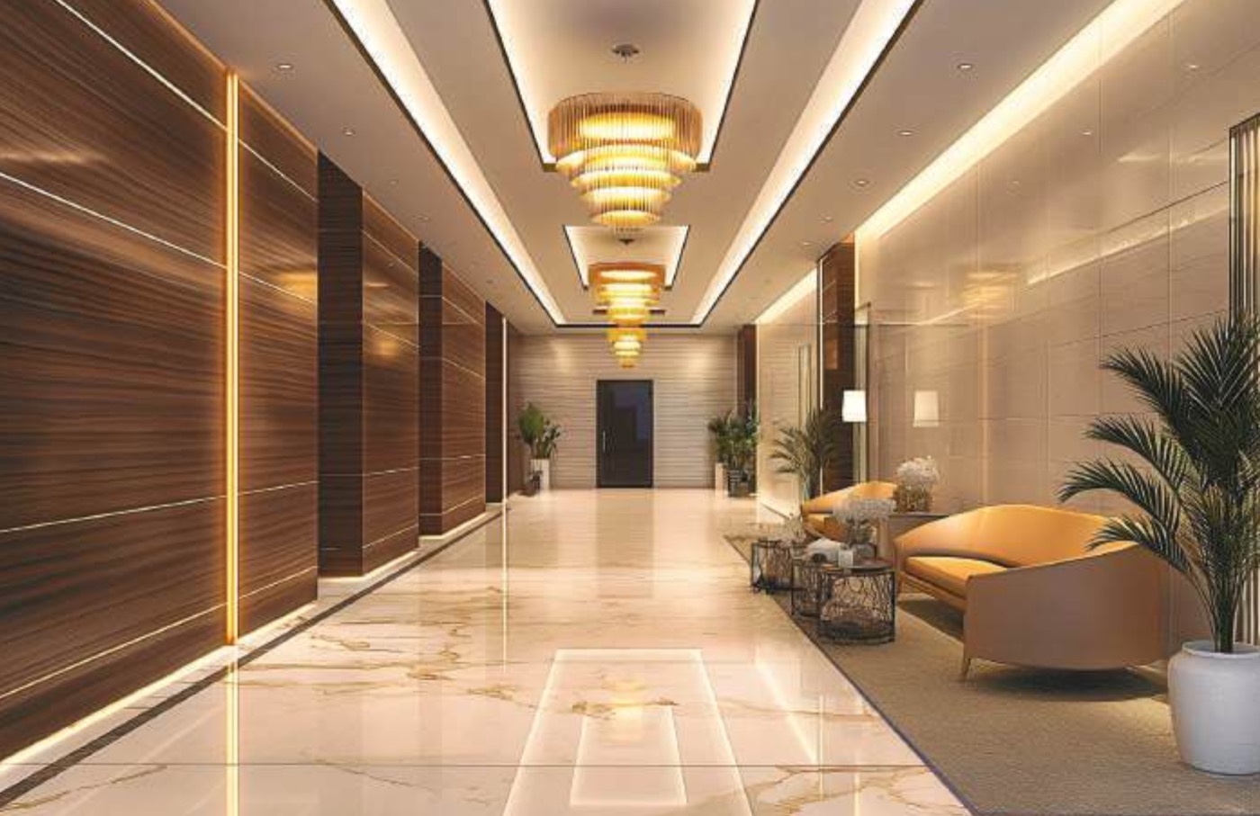 EON Hyderabad — the transfer lobby with escalators, marble floors and access control