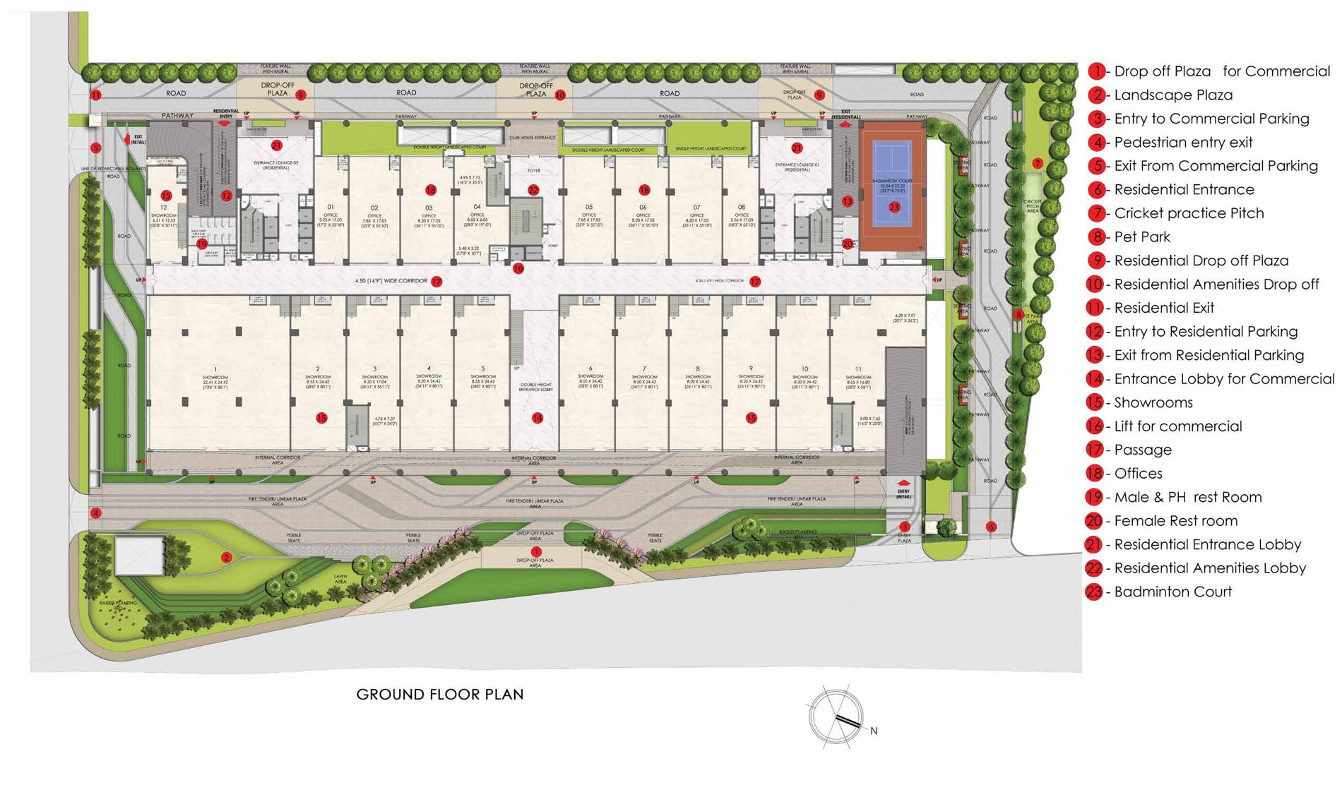 Kalpataru Avante — ground floor plan showing showrooms, offices, commercial drop-off and parking