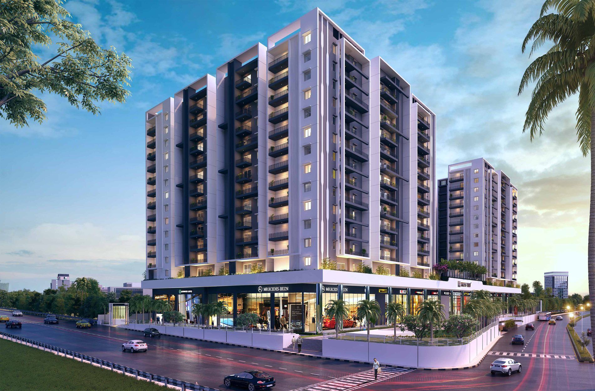 Kalpataru Avante — high-end retail showrooms and office spaces at Sanath Nagar, Hyderabad, shown at dusk (artist's impression)