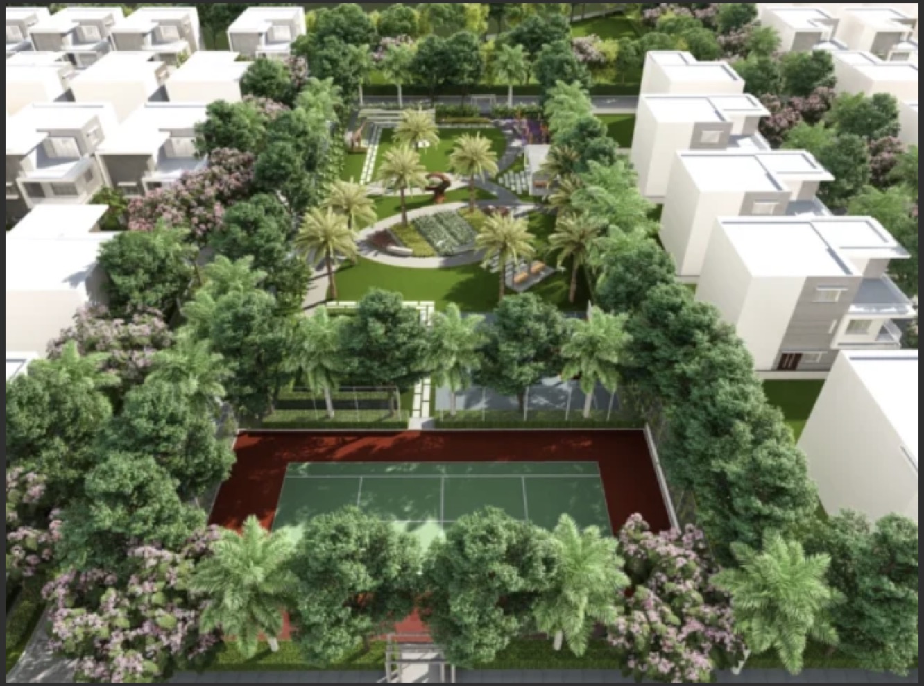 La Casa — aerial view of the central park and courts