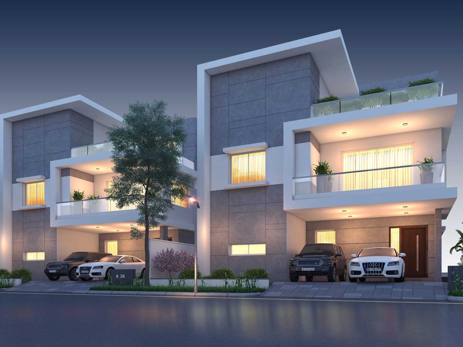 La Casa — luxury 4 BHK triplex villas illuminated at dusk, Adibatla