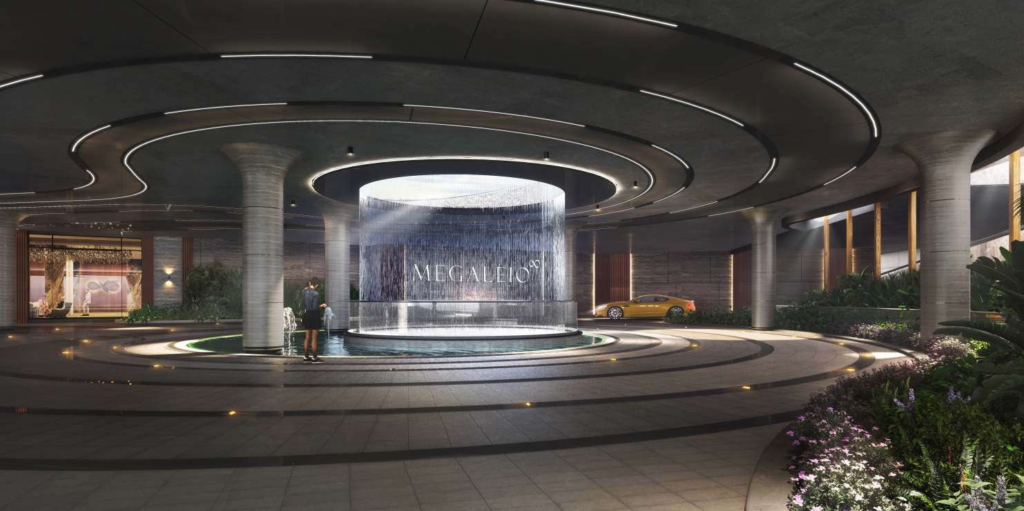 Water feature & lobby — the arrival sequence