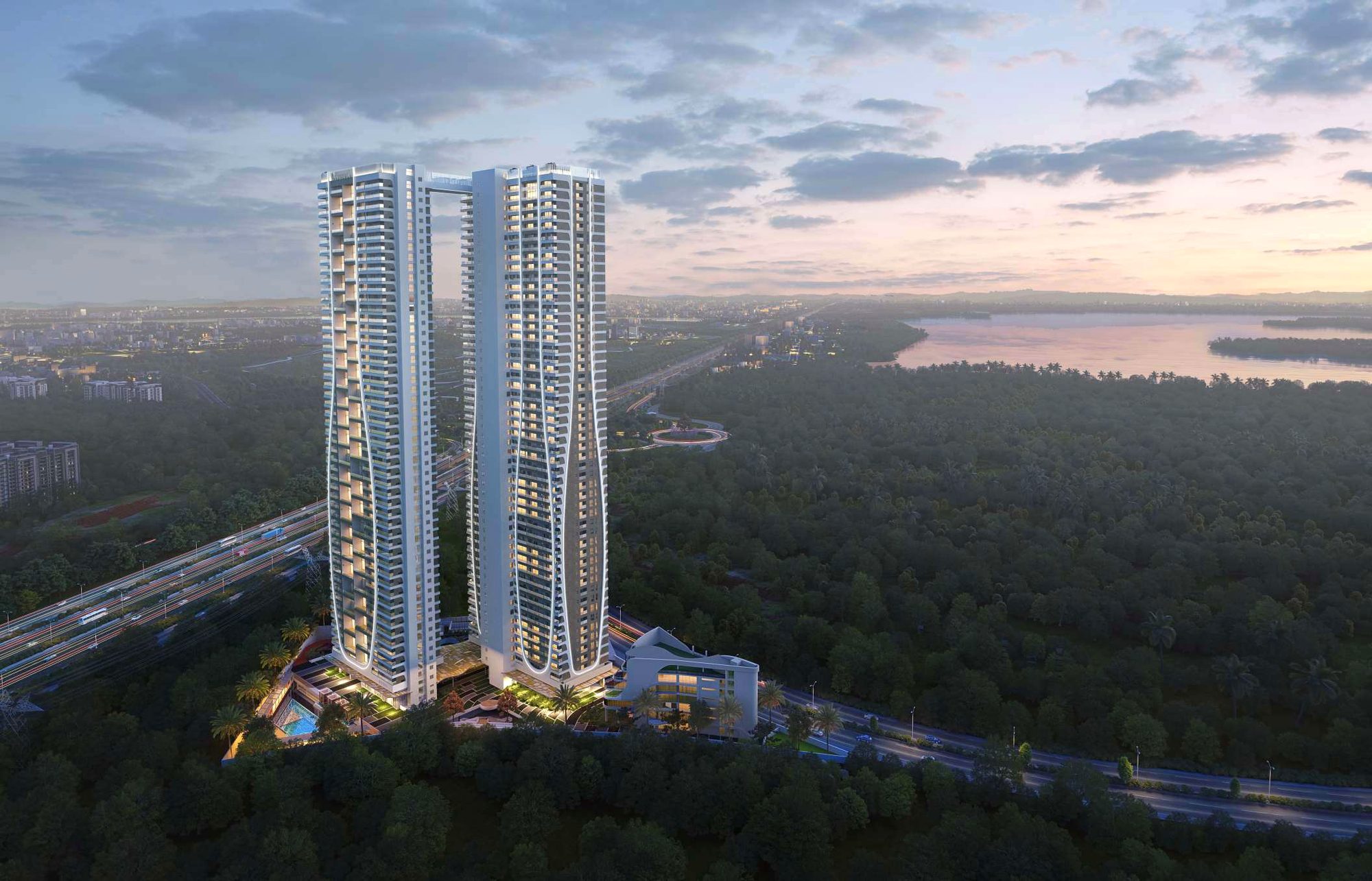 Megaleio Infinity Towers — twin ultra-luxury residential towers by Navanaami at TSPA Junction, Himayat Sagar Road, Hyderabad, shown at dusk beside the lake and green belt (artist's impression)