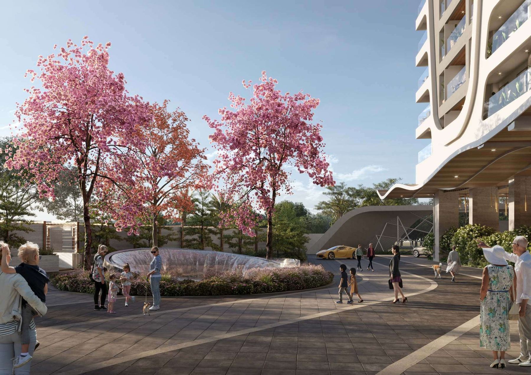 The beauty of shade — a blossom-lined arrival plaza