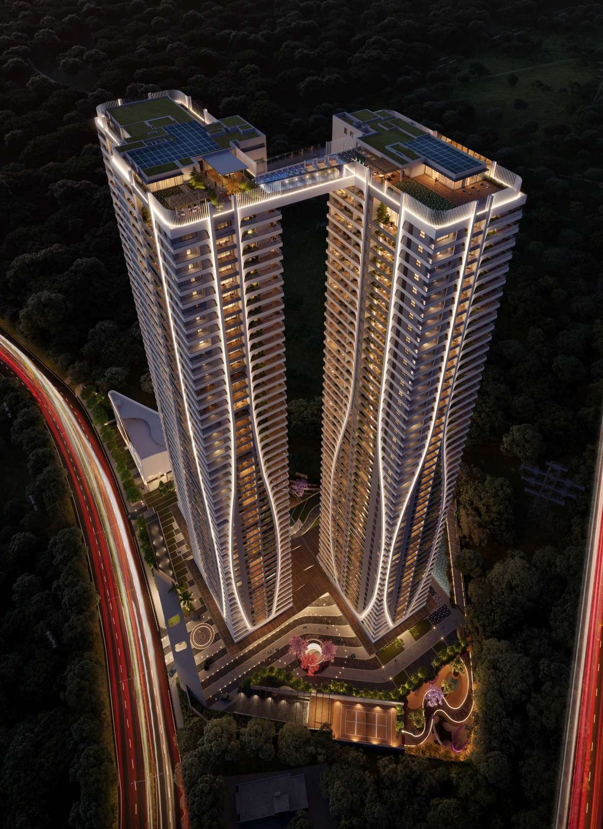 Megaleio towers from above — the infinity form and podium