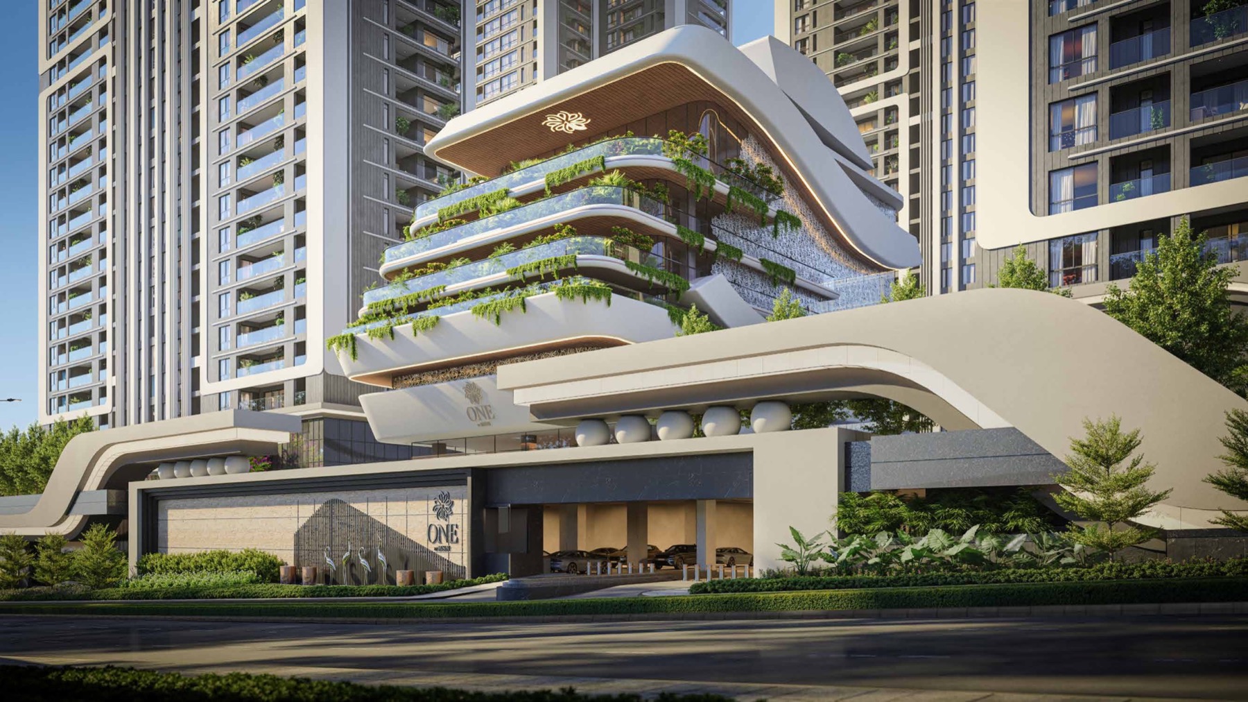 One by MSN entrance and yacht-inspired clubhouse between the towers — artist’s impression
