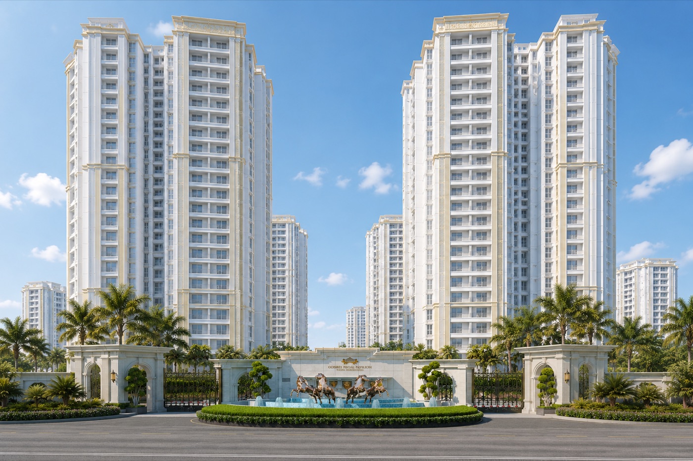 Godrej Regal Pavilion — grand entrance gateway with the royal bronze horse fountain and signage (artist's impression)
