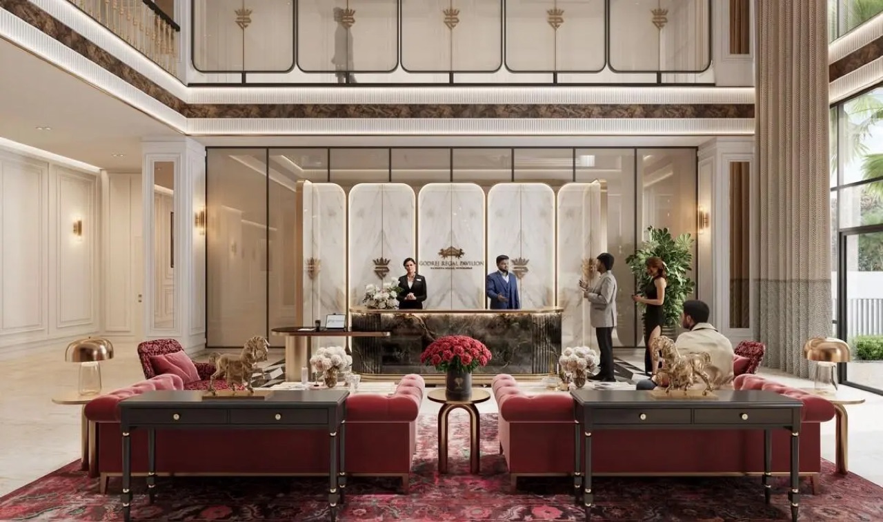 Godrej Regal Pavilion — grand double-height entrance lobby with marble reception and royal décor (artist’s impression)