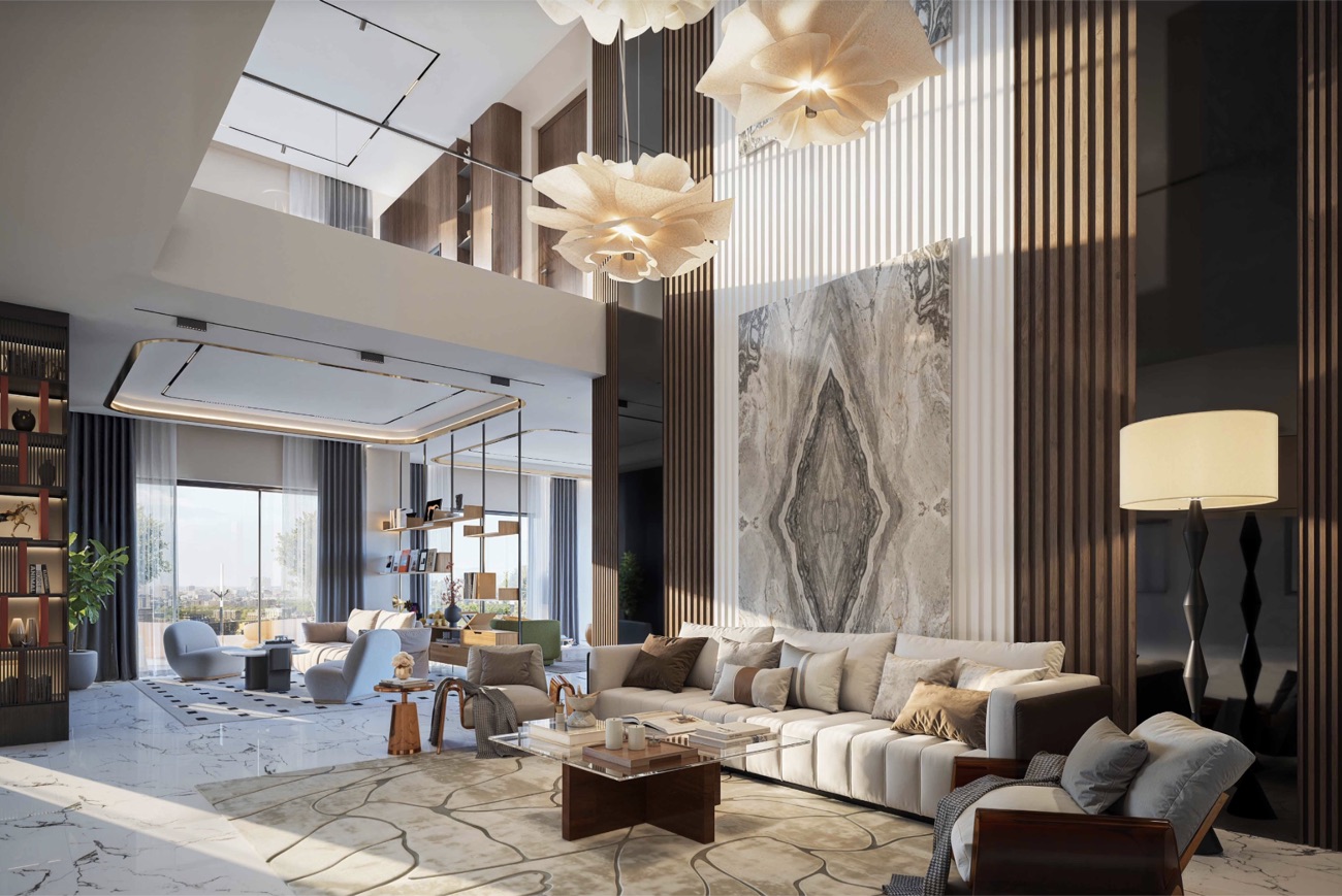 Skyven — sky villa duplex double-height living area (artist’s impression)