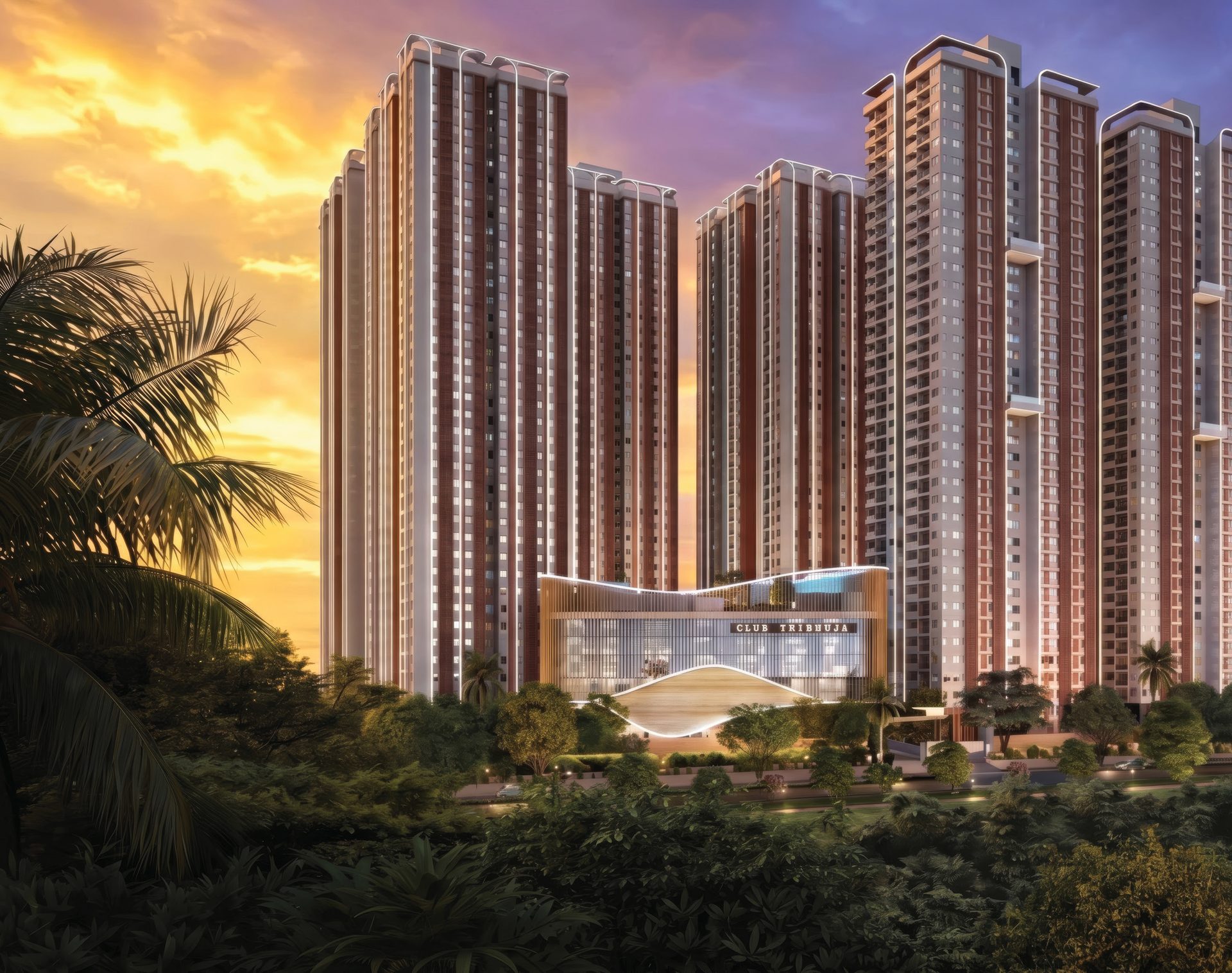 Zuari Gangothri Tribhuja — premium 3 & 4 BHK high-rise towers over Club Tribhuja at sunset, Kollur, Hyderabad (artist's impression)